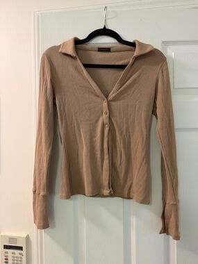 Dynamite Ribbed Button-Down Long Sleeve Top - Taupe